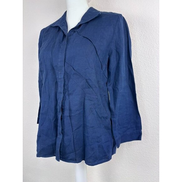 Lafayette 148 women's 6 navy blue linen pleated collared button down 3/4 sleeve - Picture 2 of 9